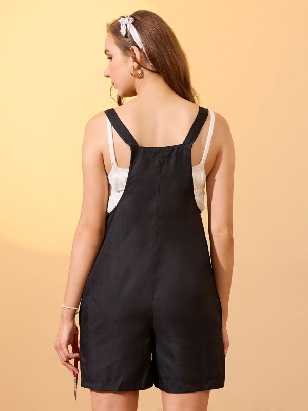 Globus Women Black Square Neck Strappy Shoulder Big Front Pocket Playsuit