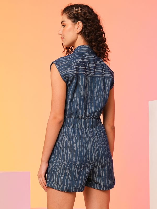 Globus Women Blue Shirt Collar Denim Playsuit