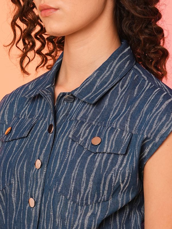 Globus Women Blue Shirt Collar Denim Playsuit