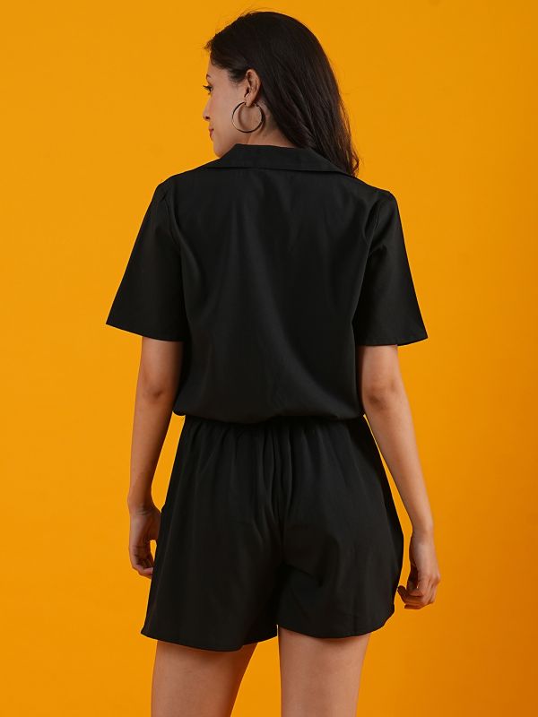 Globus Women Black Notched Lapel Waist Tie-Ups Cargo Pocket Utility Playsuit