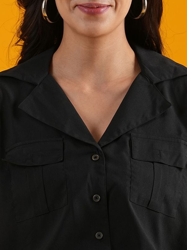 Globus Women Black Notched Lapel Waist Tie-Ups Cargo Pocket Utility Playsuit
