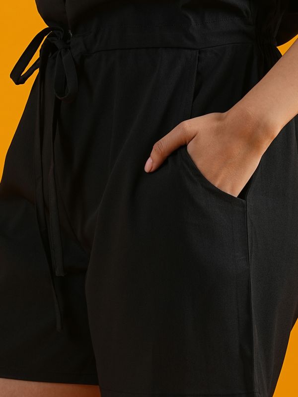 Globus Women Black Notched Lapel Waist Tie-Ups Cargo Pocket Utility Playsuit