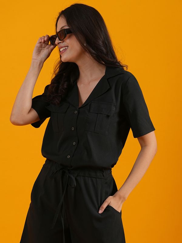 Globus Women Black Notched Lapel Waist Tie-Ups Cargo Pocket Utility Playsuit