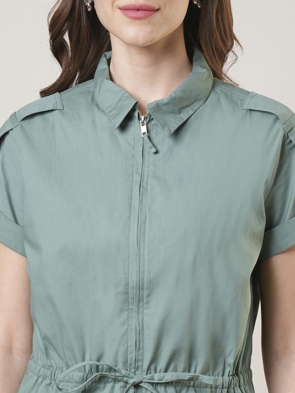 Globus Women Green Extended Sleeves Shirt Collar Waist Tie-Up Front Zip Closure Playsuit