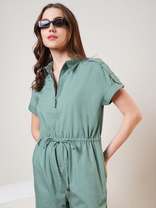 Globus Women Green Extended Sleeves Shirt Collar Waist Tie-Up Front Zip Closure Playsuit
