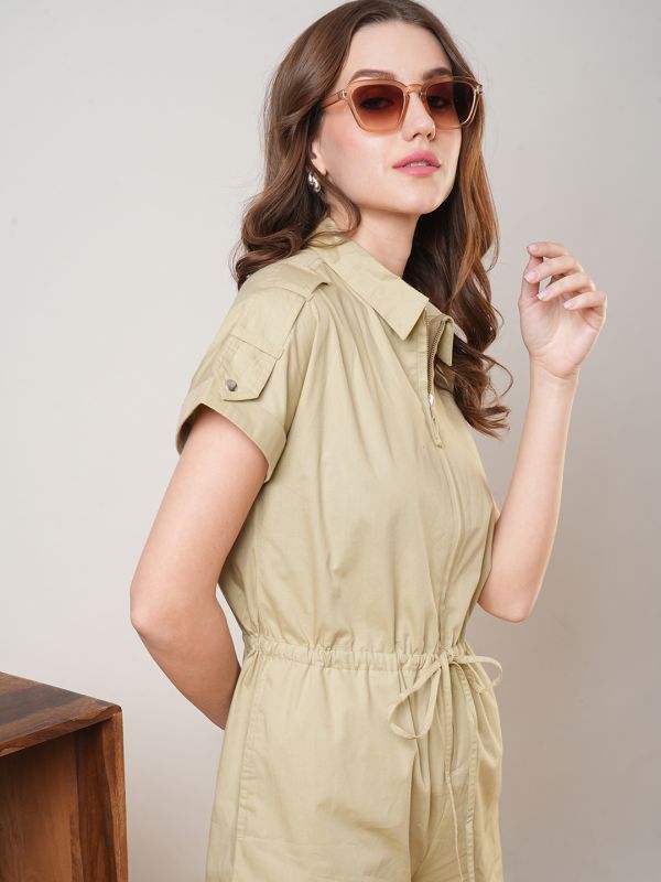Globus Women Beige Extended Sleeves Shirt Collar Waist Tie-Up Front Zip Closure Playsuit