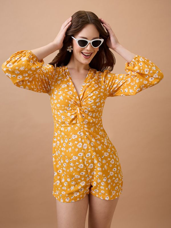 Globus Women Yellow V-Neck Floral Print Twisted Bishop Sleeve Playsuit