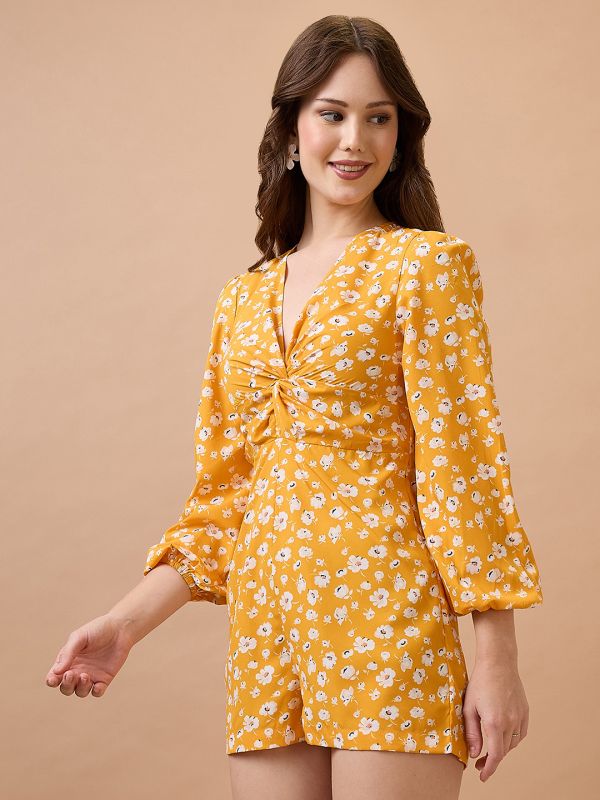 Globus Women Yellow V-Neck Floral Print Twisted Bishop Sleeve Playsuit