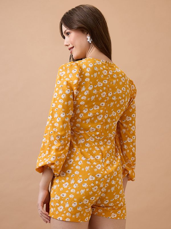 Globus Women Yellow V-Neck Floral Print Twisted Bishop Sleeve Playsuit