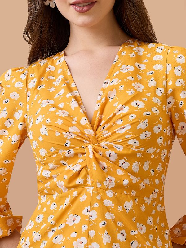 Globus Women Yellow V-Neck Floral Print Twisted Bishop Sleeve Playsuit