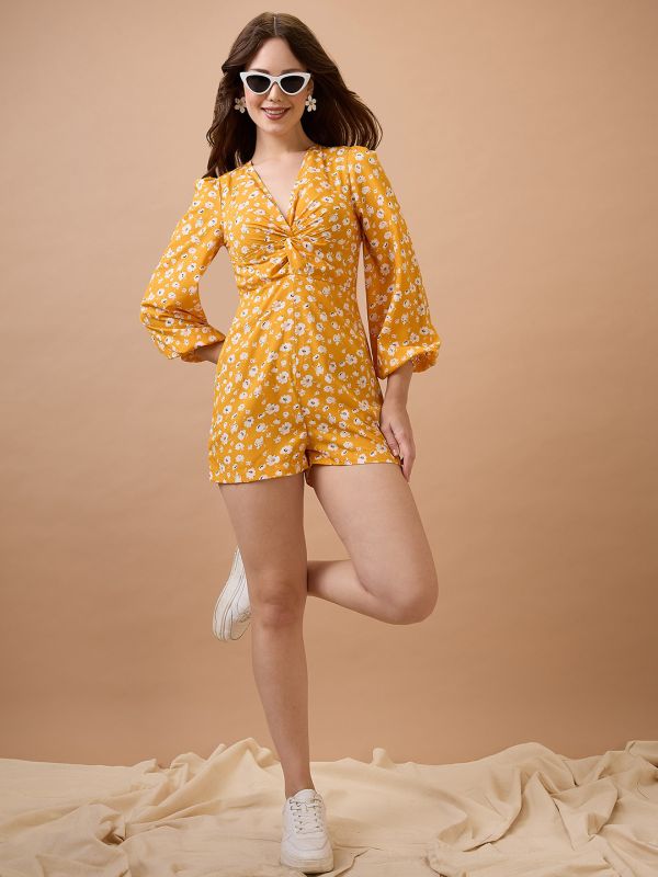 Globus Women Yellow V-Neck Floral Print Twisted Bishop Sleeve Playsuit