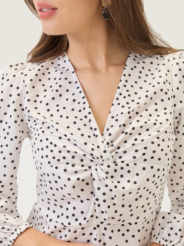 Globus Women White V-neck Bishop Sleeves Twisted Detail Bishop Sleeves Polka-Dot Playsuit