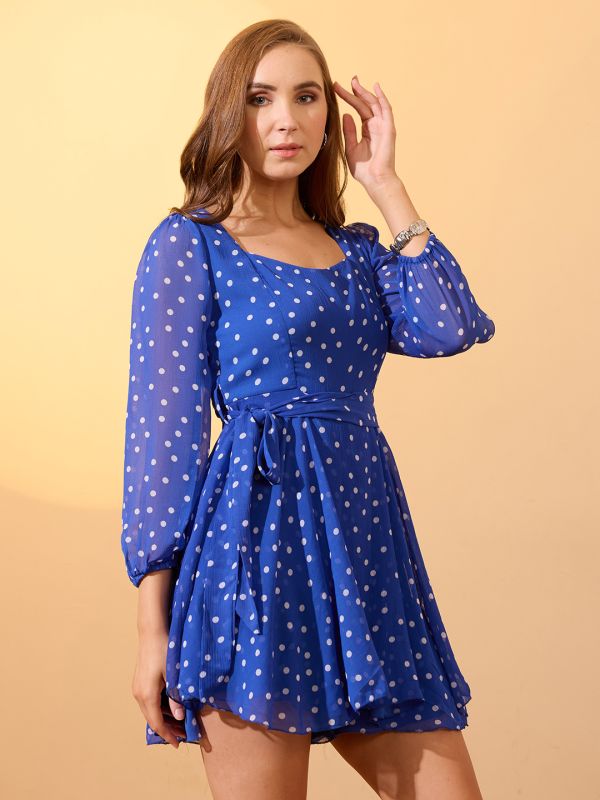 Globus Women Blue Sweetheart Neck Bishop Sleeves Polka Dot Playsuit With Belt