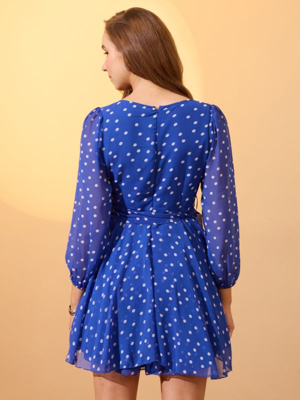 Globus Women Blue Sweetheart Neck Bishop Sleeves Polka Dot Playsuit With Belt