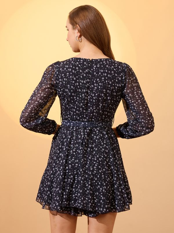 Globus Women Black Sweetheart Neck Bishop Sleeves Floral Print Playsuit With Belt
