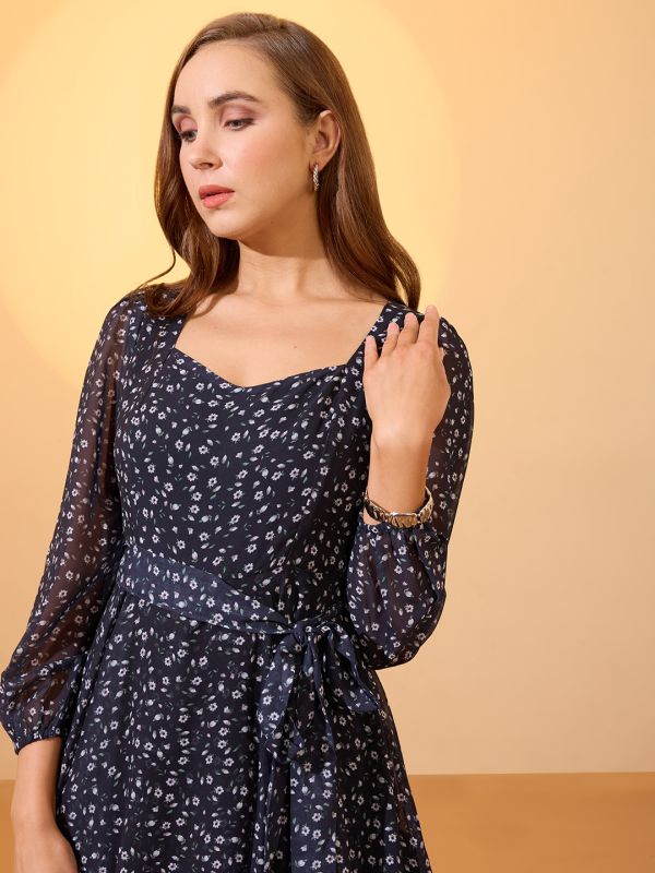Globus Women Black Sweetheart Neck Bishop Sleeves Floral Print Playsuit With Belt