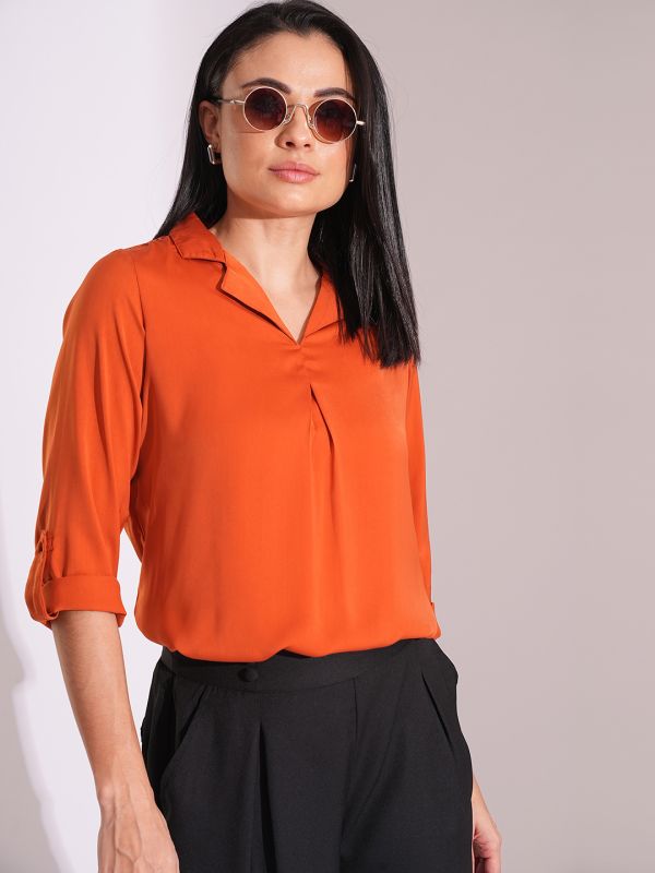 Globus Women Rust Collared Roll Up Sleeve Shirt Style Work Wear Top