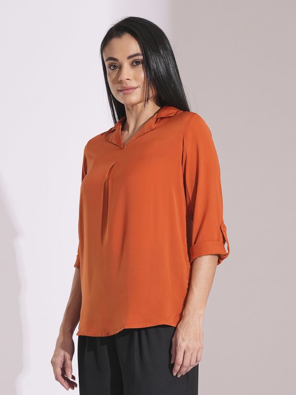 Globus Women Rust Collared Roll Up Sleeve Shirt Style Work Wear Top