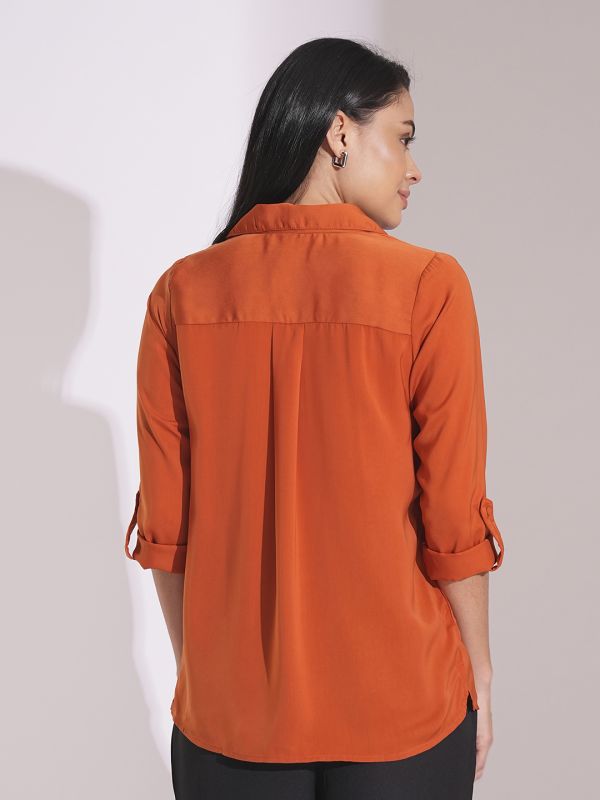 Globus Women Rust Collared Roll Up Sleeve Shirt Style Work Wear Top