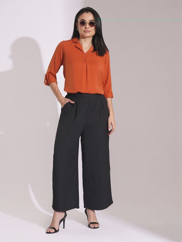 Globus Women Rust Collared Roll Up Sleeve Shirt Style Work Wear Top