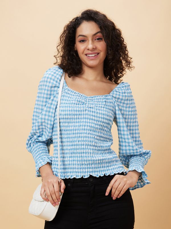 Globus Women Blue Checked Sweetheart Neck Casual Top