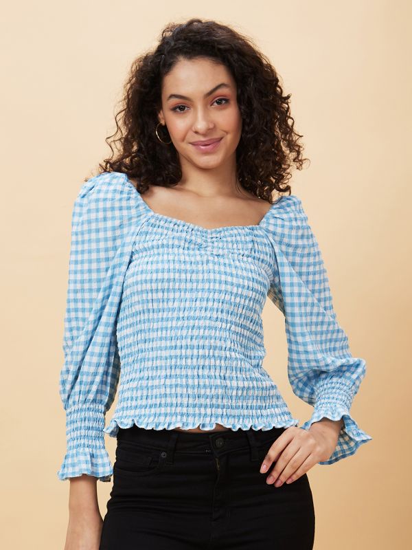 Globus Women Blue Checked Sweetheart Neck Casual Top