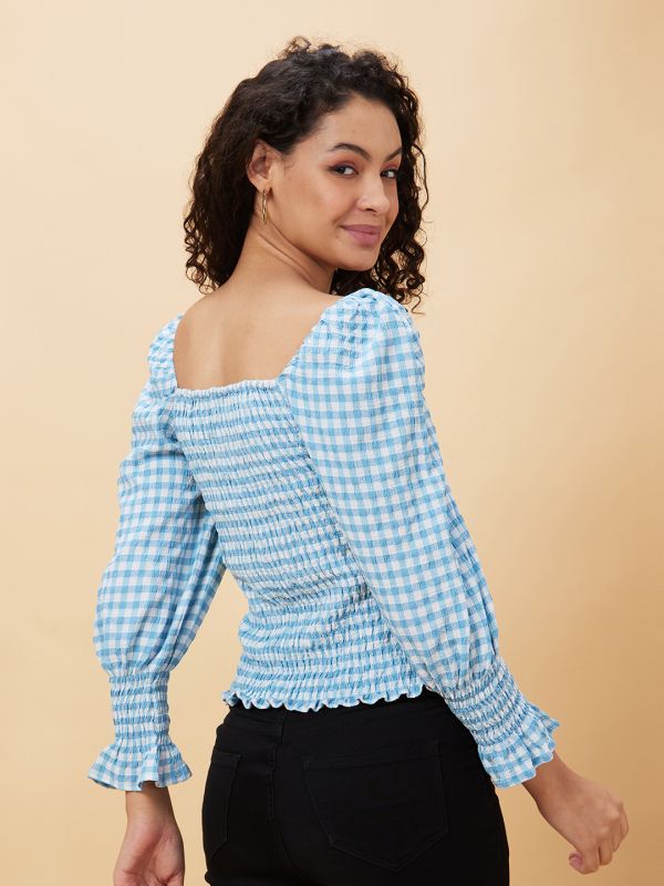 Globus Women Blue Checked Sweetheart Neck Casual Top