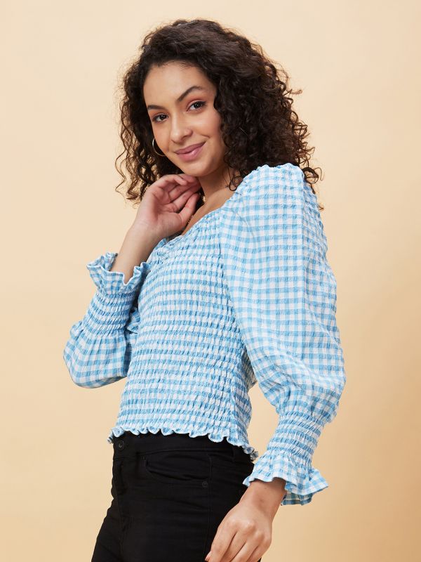 Globus Women Blue Checked Sweetheart Neck Casual Top