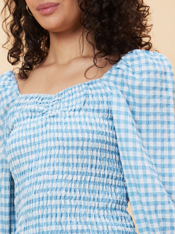 Globus Women Blue Checked Sweetheart Neck Casual Top