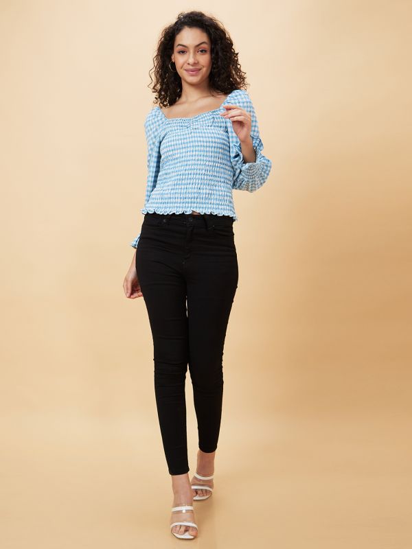 Globus Women Blue Checked Sweetheart Neck Casual Top