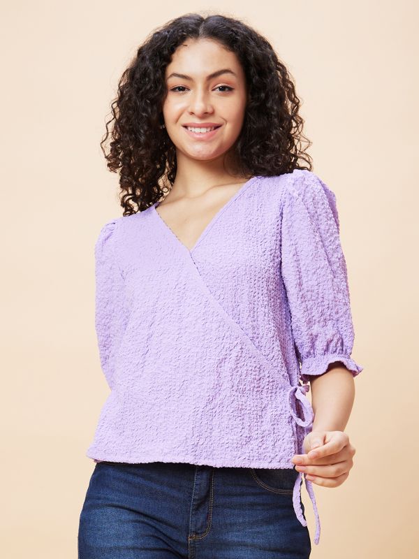 Globus Women Lavender Solid Textured Wrap V-Neck Casual Top with Tie-Up