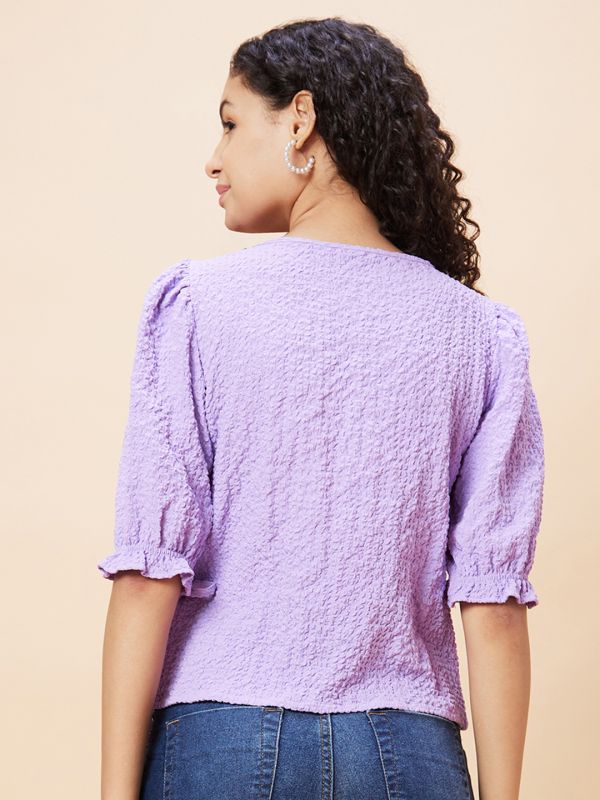 Globus Women Lavender Solid Textured Wrap V-Neck Casual Top with Tie-Up