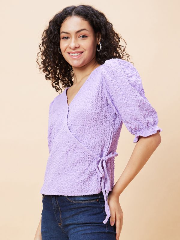 Globus Women Lavender Solid Textured Wrap V-Neck Casual Top with Tie-Up