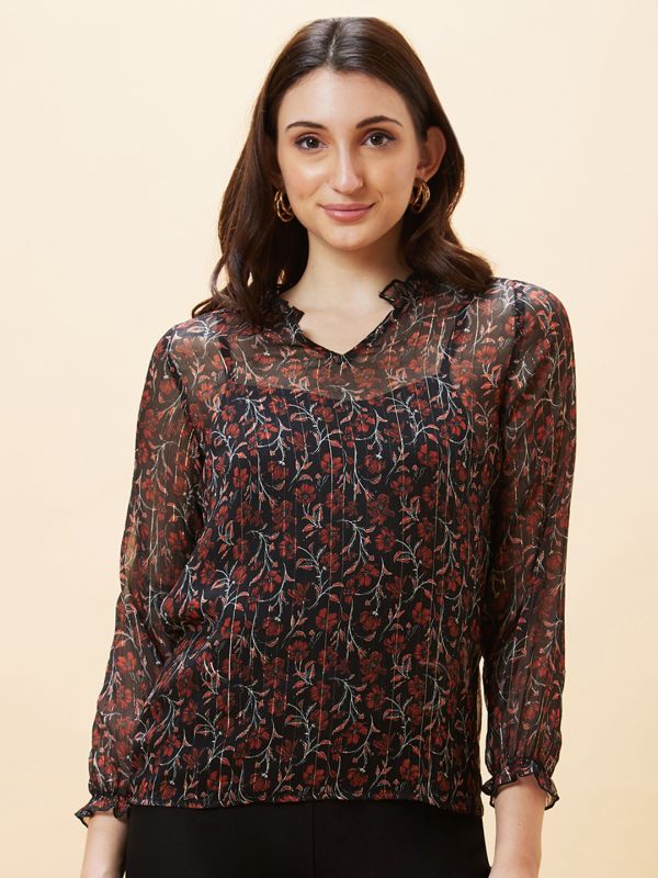 Globus Women Black Floral Print V-Neck Casual Top
