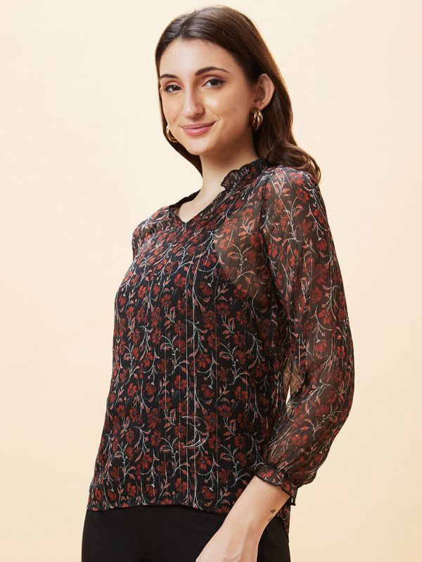 Globus Women Black Floral Print V-Neck Casual Top