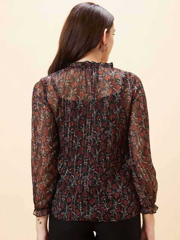 Globus Women Black Floral Print V-Neck Casual Top