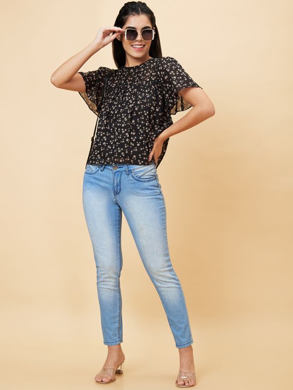 Globus Women Black Printed Round Neck Casual Top