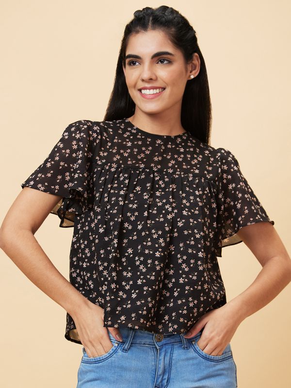 Globus Women Black Printed Round Neck Casual Top