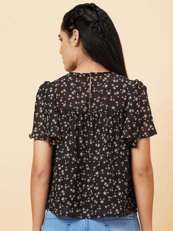 Globus Women Black Printed Round Neck Casual Top