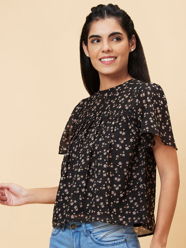 Globus Women Black Printed Round Neck Casual Top