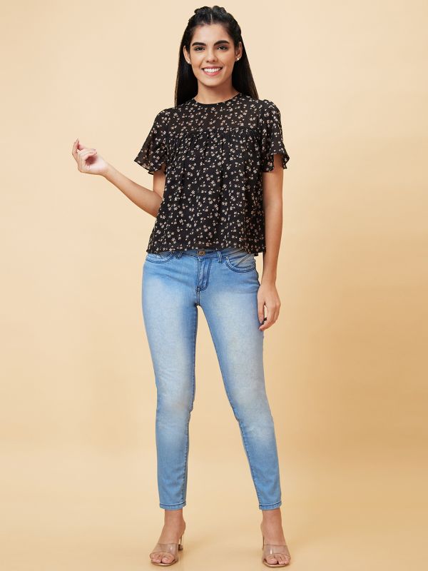 Globus Women Black Printed Round Neck Casual Top