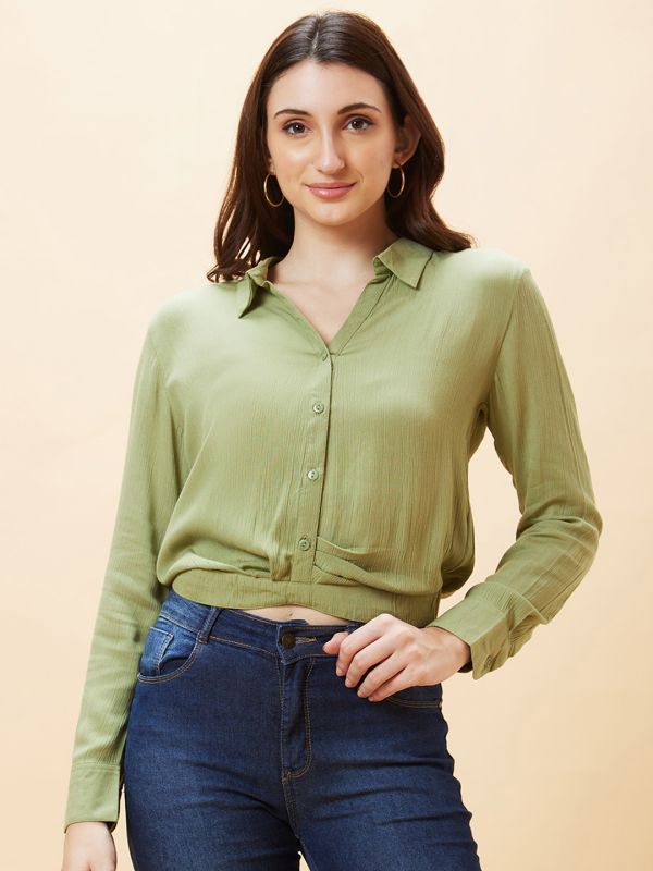 Globus Women Olive Solid Pleated Shirt Style Crop Top