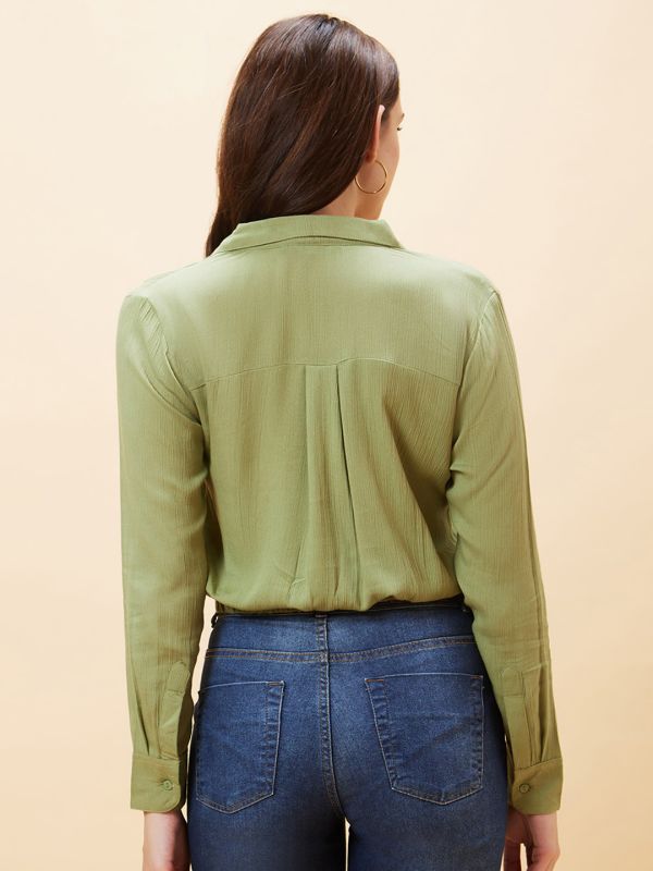 Globus Women Olive Solid Pleated Shirt Style Crop Top