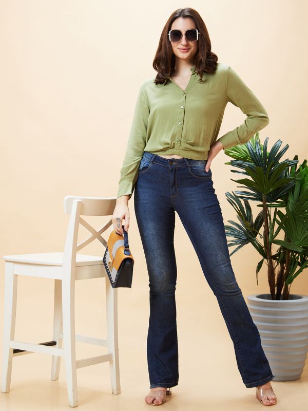 Globus Women Olive Solid Pleated Shirt Style Crop Top