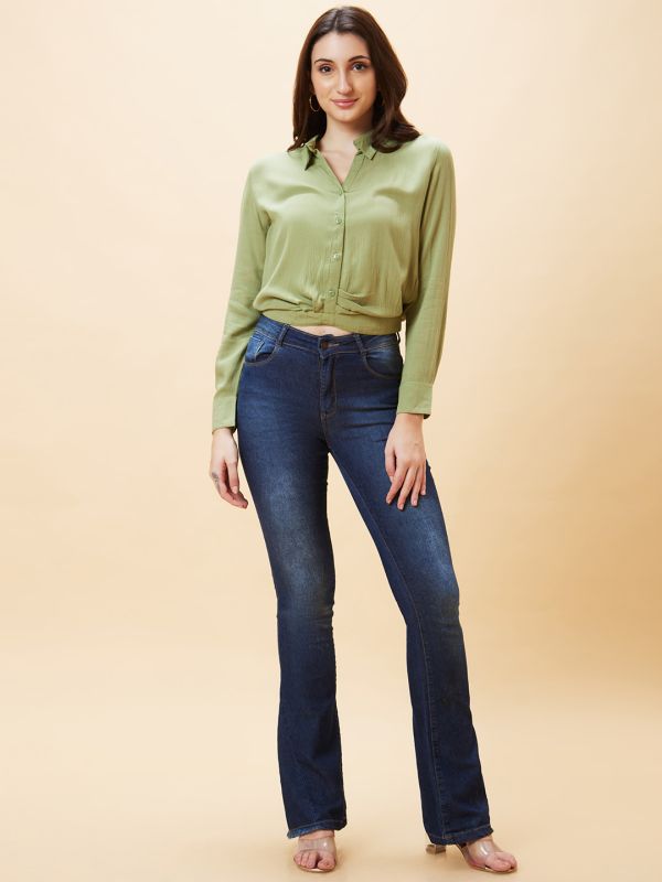 Globus Women Olive Solid Pleated Shirt Style Crop Top