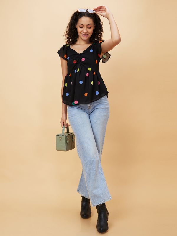 Globus Women Black Printed Sweetheart Neck Casual Top