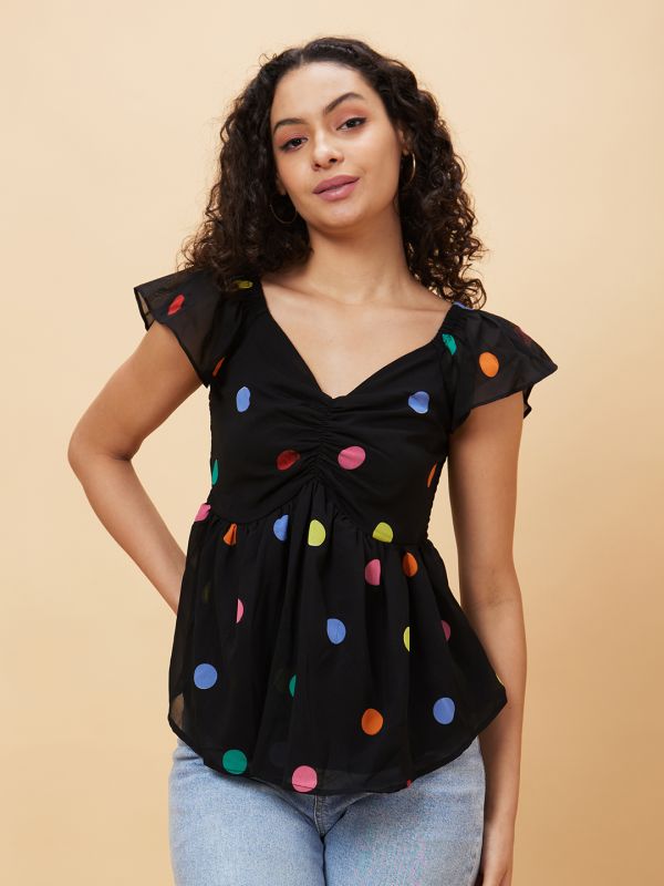 Globus Women Black Printed Sweetheart Neck Casual Top