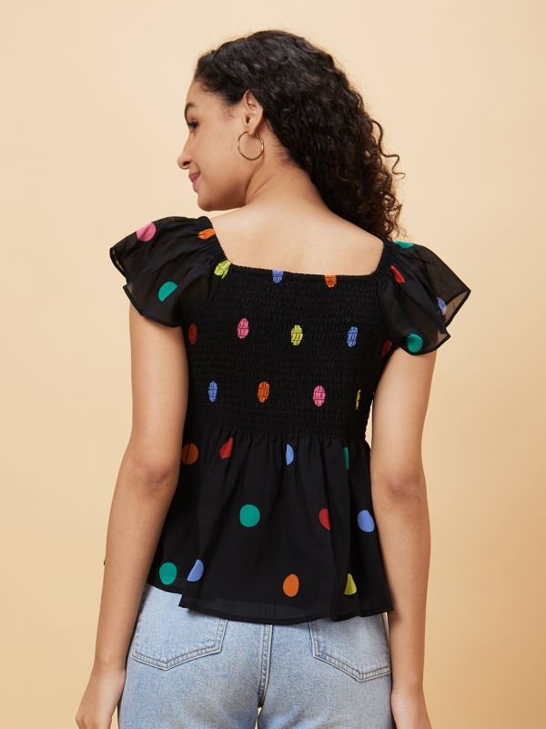 Globus Women Black Printed Sweetheart Neck Casual Top