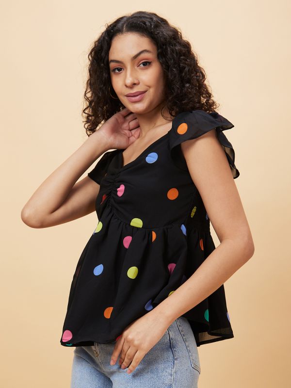 Globus Women Black Printed Sweetheart Neck Casual Top