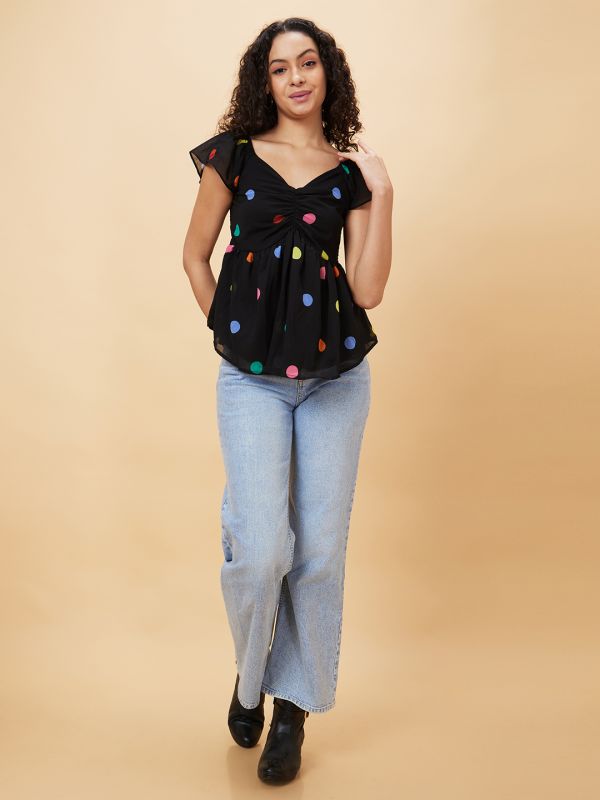Globus Women Black Printed Sweetheart Neck Casual Top